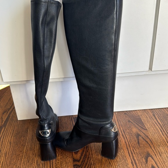 Tory Burch Black Sidney Leather 70mm Knee Boot. Stacked heel. Metal heel logo. 7 - Picture 3 of 11
